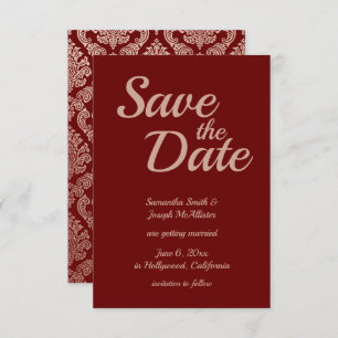 Burgundy and Rose Gold Damask Save the Date Invitation