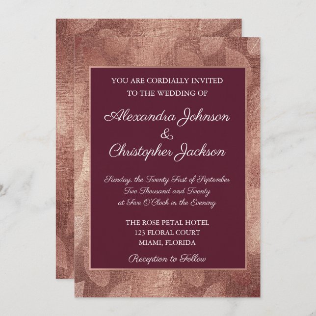 Burgundy and Rose Gold Fall Leaf Wedding Invitation (Front/Back)