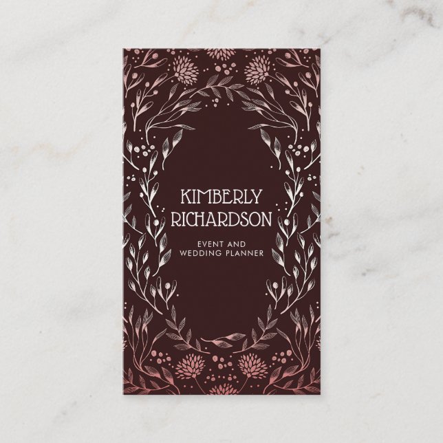 Burgundy and Rose Gold Floral Wreath Elegant Business Card (Front)