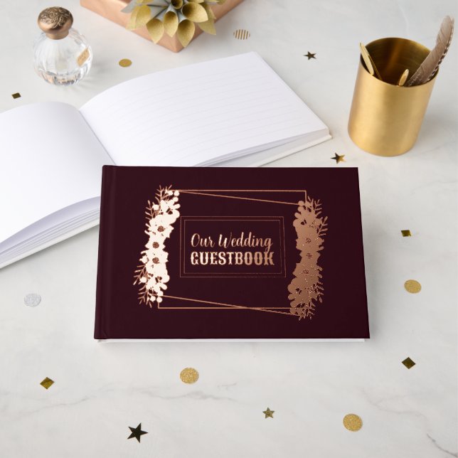 Burgundy and Rose Gold Foil Wedding Guest Book (Front Open)