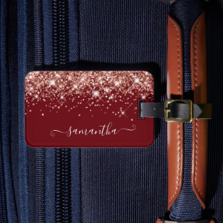 Burgundy and Rose Gold Glitter Girly Signature Luggage Tag