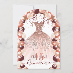 Burgundy and Rose Gold Quinceañera Dress Balloon Invitation