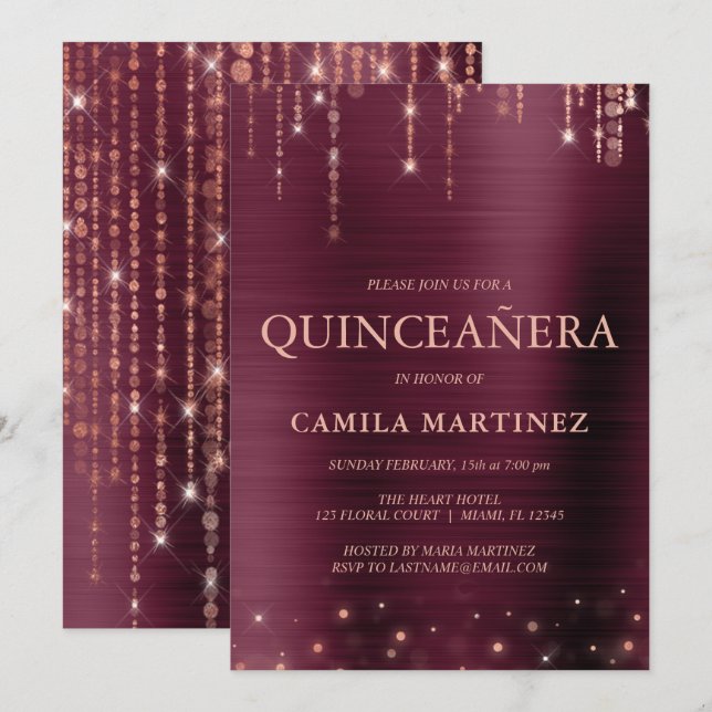 Burgundy and Rose Gold Quinceanera Party Invitation (Front/Back)
