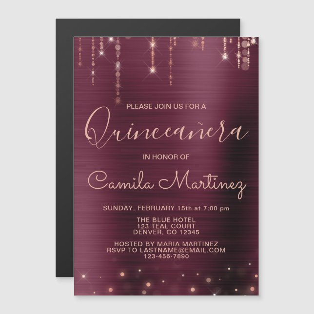 Burgundy and Rose Gold Quinceanera Party Magnetic Invitation (Front/Back)