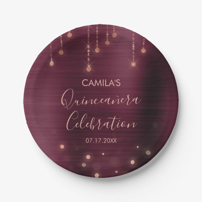Burgundy and Rose Gold Quinceanera Party Paper Plate (Front)