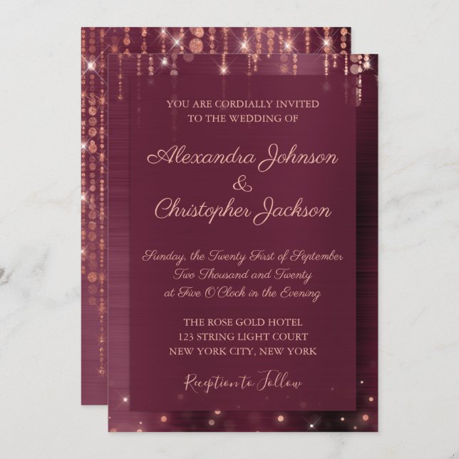 Burgundy and Rose Gold Sparkle Wedding Invitation (Front/Back)