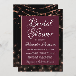 Burgundy and Rose Gold String Lights Bridal Shower Invitation