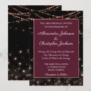 Burgundy and Rose Gold String Lights Wedding Invitation