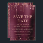 Burgundy and Rose Gold Sweet 16 Save the Date Invitation<br><div class="desc">Burgundy and Rose Gold Sparkle String Lights Save the Date Sweet Sixteen Birthday Party Invitation for an Elegant Birthday . This is the perfect Save the Date Sweet Sixteen Birthday Invitation for an elegant Burgundy and Rose Gold Sparkle Birthday Party. Please contact the designer for matching customised items.</div>