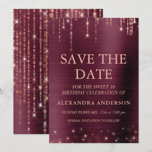 Burgundy and Rose Gold Sweet 16 Save the Date Invitation