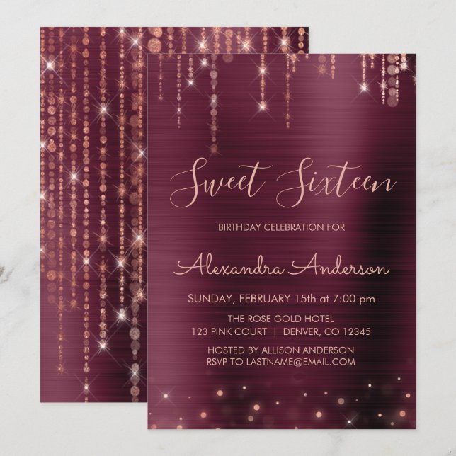 Burgundy and Rose Gold Sweet Sixteen Birthday Invitation (Front/Back)