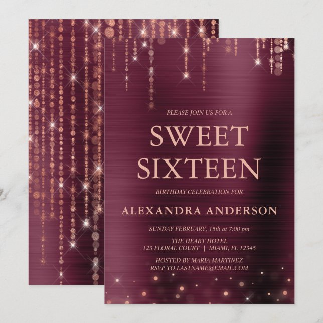 Burgundy and Rose Gold Sweet Sixteen Birthday Invitation (Front/Back)