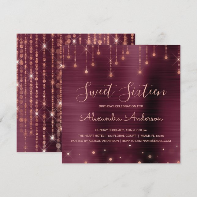 Burgundy and Rose Gold Sweet Sixteen Birthday Invitation (Front/Back)