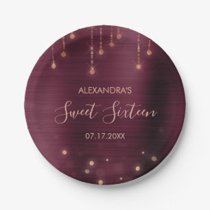Burgundy and Rose Gold Sweet Sixteen Birthday Paper Plate