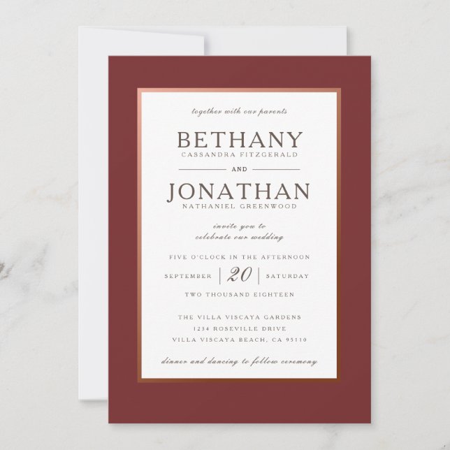 Burgundy and Rose Gold Wedding Invitation (Front)