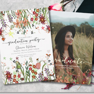Burgundy and Salmon Pink Wild Flowers Graduation Invitation