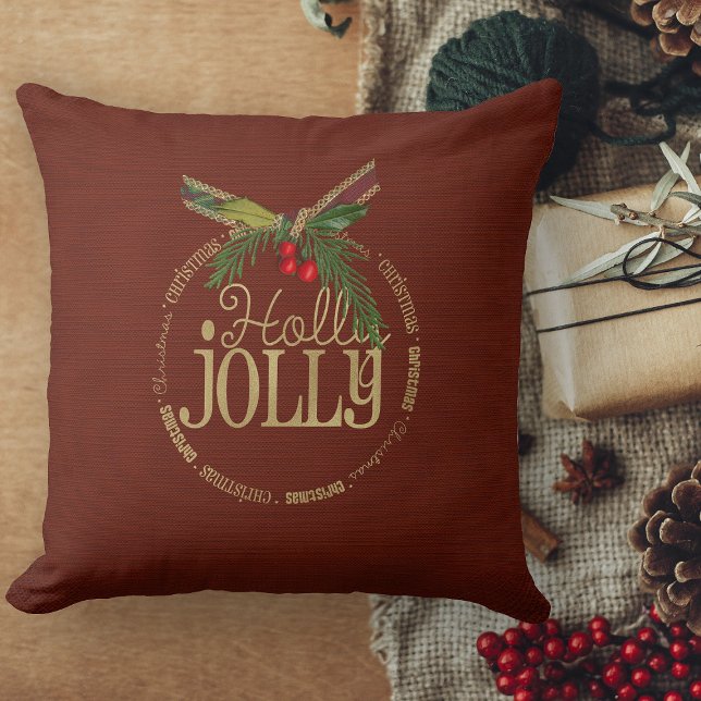Burgundy And Shimmering Holly Jolly Christmas  Cushion (red and gold holly jolly christmas pillow with holly and gold text)