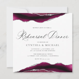 burgundy and silver agate rehearsal dinner invitation
