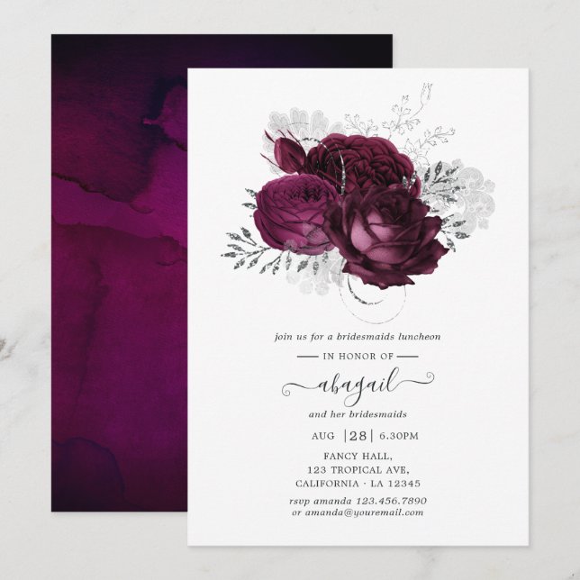 Burgundy and Silver Floral Bridesmaids Luncheon Invitation (Front/Back)