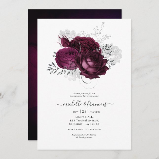 Burgundy and Silver Floral Engagement Party Invita Invitation (Front/Back)