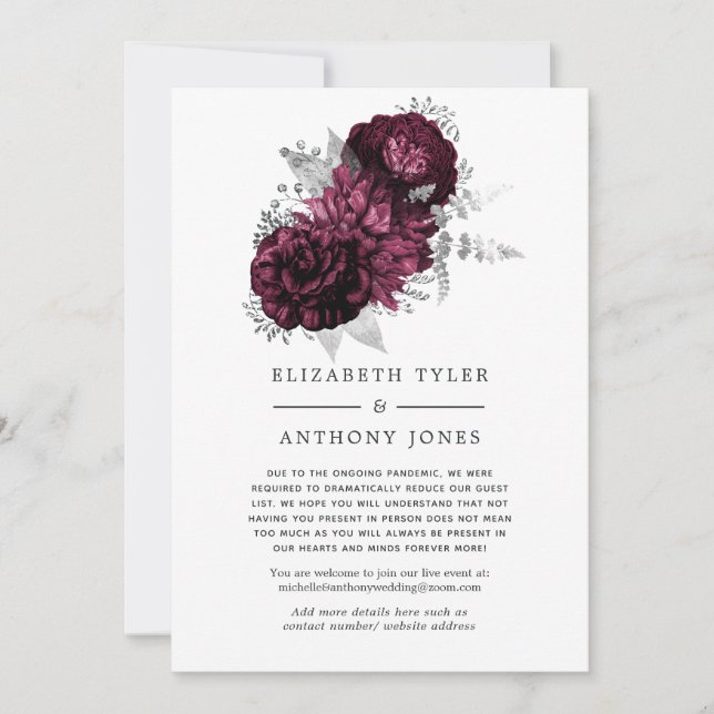 Burgundy and Silver Floral Reduced Wedding Guests Announcement (Front)