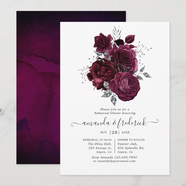 Burgundy and Silver Floral Rehearsal Dinner Invitation (Front/Back)