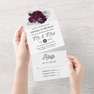 Burgundy and Silver Floral Wedding All In One Invitation