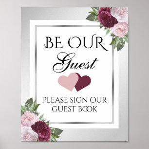 Burgundy and Silver Floral Wedding Guest Book Sign
