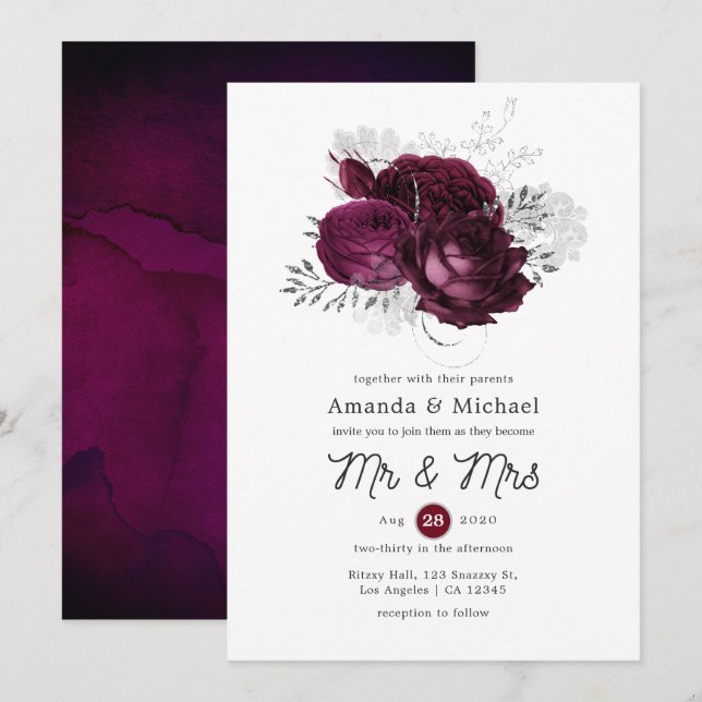 Burgundy and Silver Floral Wedding Invitation (Front/Back)