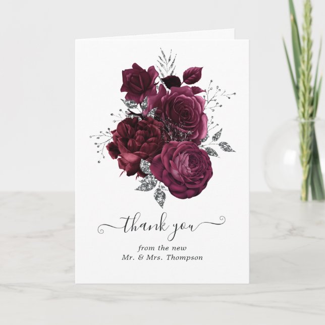 Burgundy and Silver Floral Wedding Photo Thank You Card (Front)