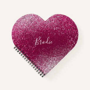 Burgundy and Silver Glitter Heart Notebook