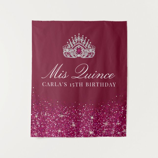 Burgundy and Silver Glitter | Quinceanera Backdrop Tapestry (Front)