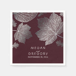 Burgundy and Silver Leaves Fall Wedding Napkin