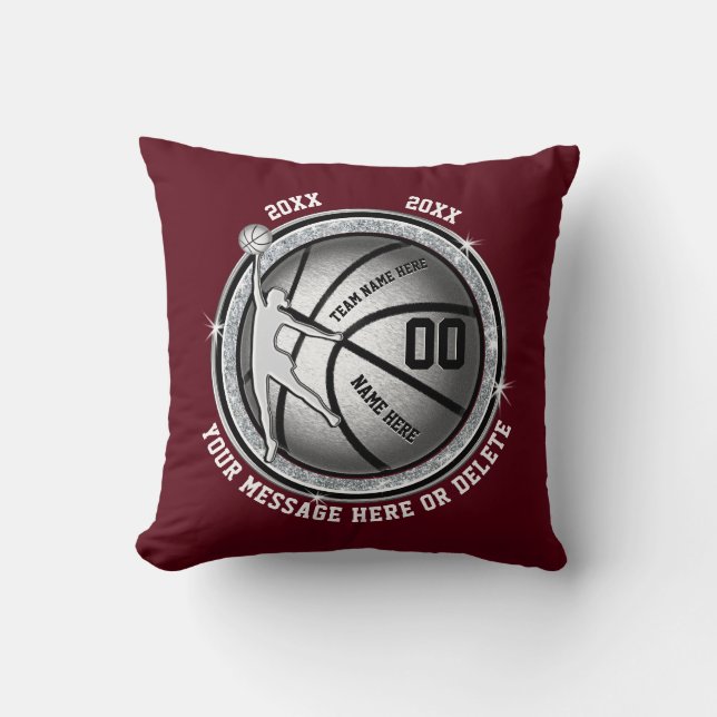 Burgundy and Silver Personalised Basketball Gifts Cushion (Front)