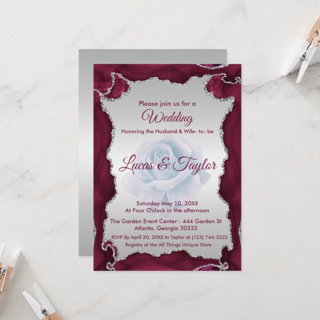 Burgundy and Silver Wedding Invitation (Front/Back In Situ)
