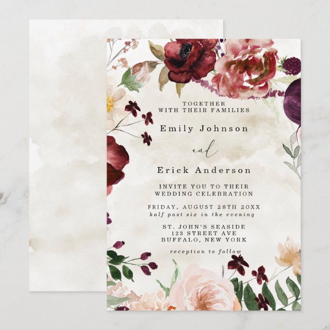 Burgundy And Tan Rustic Wildflowers Wedding Invitation (Front/Back)