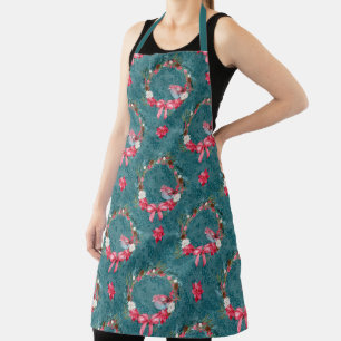 Burgundy and Teal Christmas Wreath and Cardinal Apron