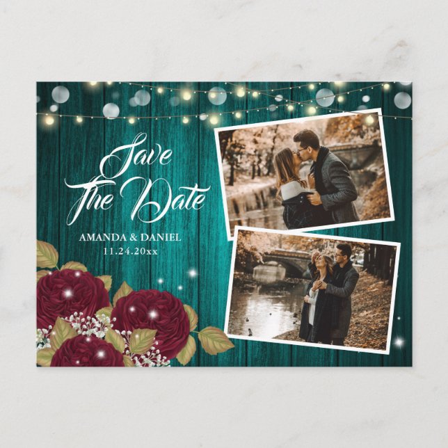 Burgundy and Teal Save The Date Photo Postcards (Front)