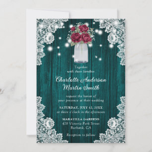 Burgundy and Teal Wood Lace Floral Wedding Invitation