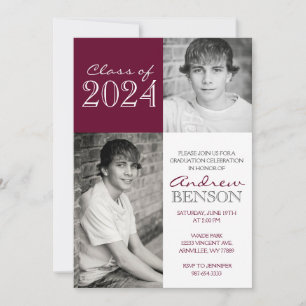 Burgundy and White 2 Photo Graduation Invitation