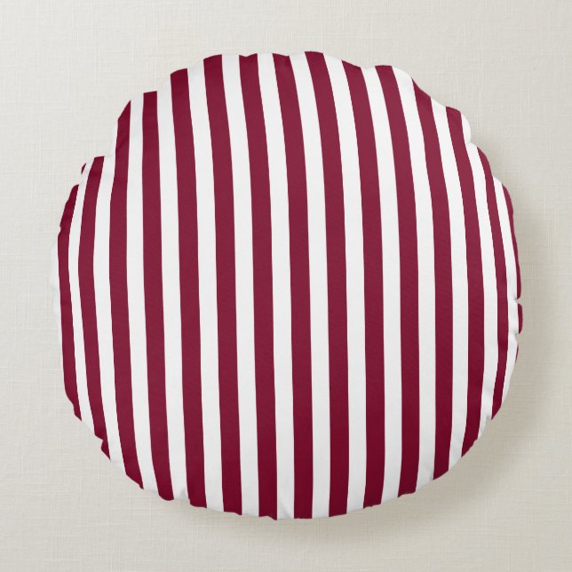 Burgundy and white candy stripes round cushion (Front)