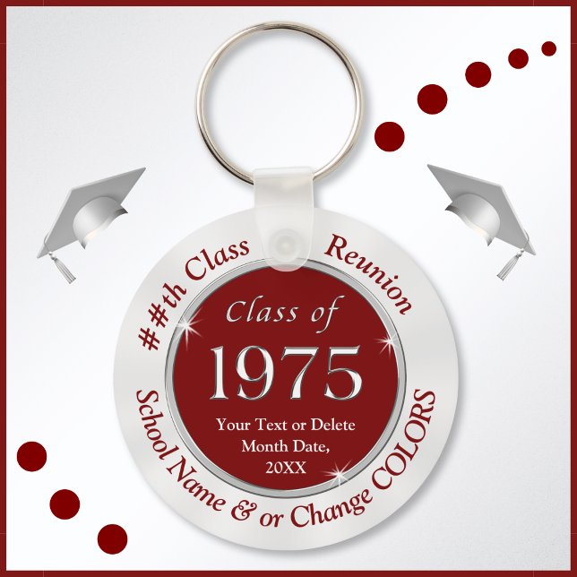Burgundy and White Class of 1975 Gifts, Keychains (Burgundy, White and Silver, Class of 1975 Reunion, party favors. Class of 75 souvenirs. Class of 75.)