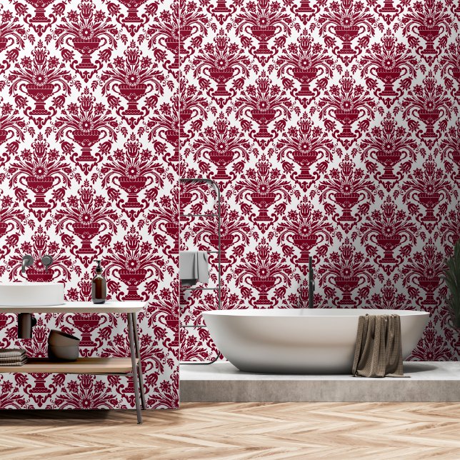 Burgundy and White Damask Floral peel and stick Wallpaper (Bathroom)