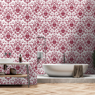 Burgundy and White Damask Floral peel and stick Wallpaper