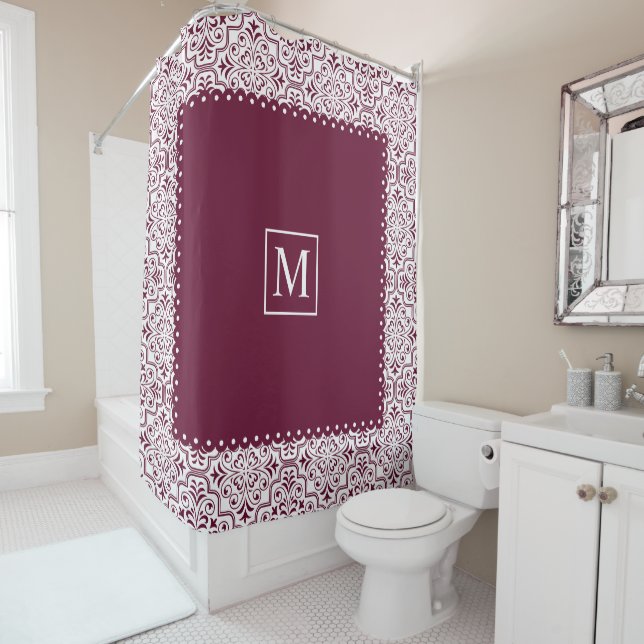 Burgundy and white damask pattern and monogram shower curtain (In Situ)