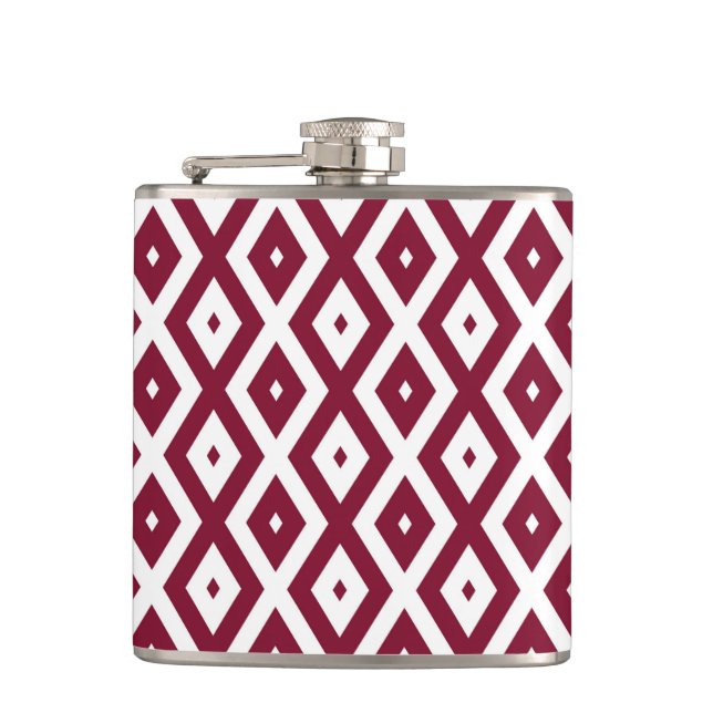 Burgundy and white diamond pattern hip flask (Front)