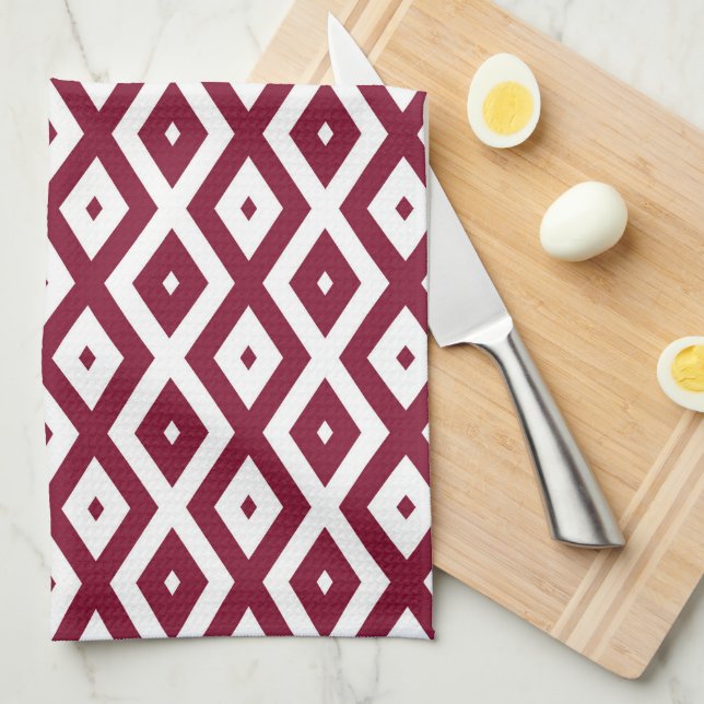Burgundy and white diamond pattern tea towel (Quarter Fold)
