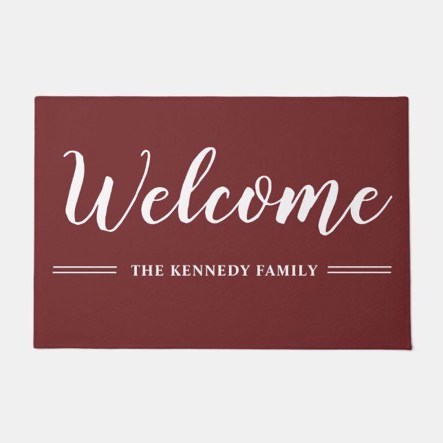 Burgundy And White Family Name Welcome   Doormat (Front)