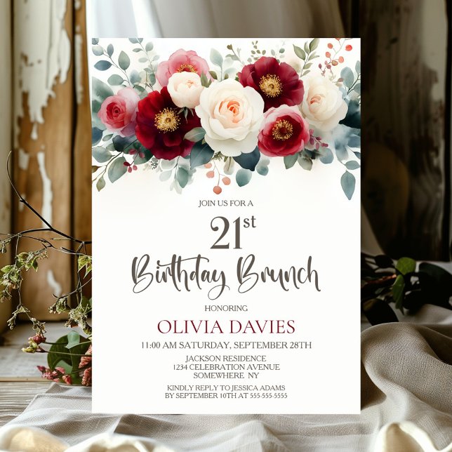 Burgundy and White Floral 21st Birthday Brunch Invitation (Creator Uploaded)