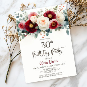 Burgundy and White Floral 30th Birthday Party Invitation